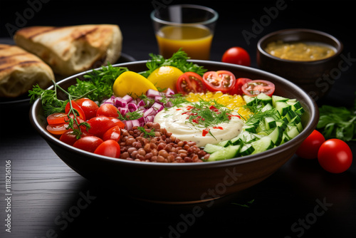 A bowl of Ezogelin Çorbası surrounded by fresh ingredients like red lentils, tomatoes, and spices on a dark background. photo