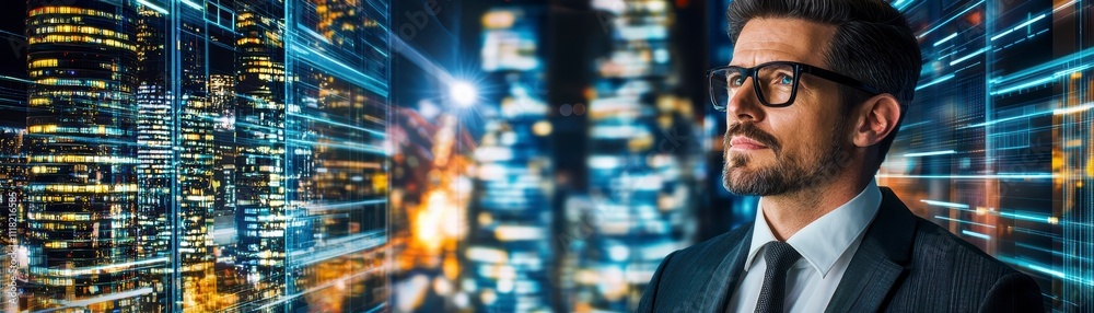 Visionary Businessman in Modern City at Night.