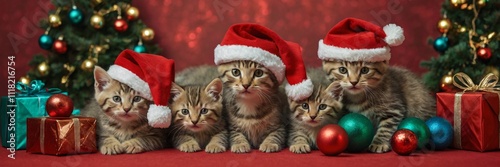 Kittens dressed in green sweaters and red Santa hats, surrounded by colorful holiday gifts, ornaments, and festive background	