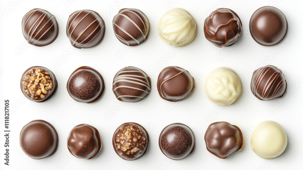 Assorted chocolate candies with different fillings on a white background, with full depth of field, showcasing the diverse flavors
Assorted chocolate candies with different fillings on a white background, with full depth of field, showcasing the diverse flavors