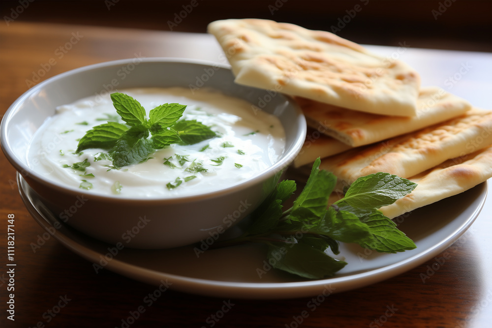 A traditional Turkish Haydari with creamy yogurt, garlic, and herbs, decorated with mint leaves and a drizzle of olive oil, served with lavash bread A traditional Turkish Haydari with creamy yogurt, garlic, and herbs, decorated with mint leaves and a drizzle of olive oil, served with lavash bread