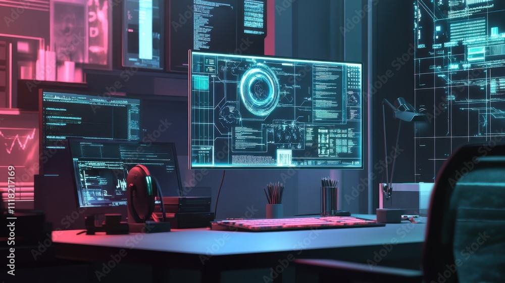 An advanced AI workspace showcases multiple holographic displays and detailed data visualizations. The environment exudes a high-tech ambiance with vibrant neon accents An advanced AI workspace showcases multiple holographic displays and detailed data visualizations. The environment exudes a high-tech ambiance with vibrant neon accents