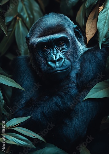 Majestic gorilla in lush, dark green foliage. photo