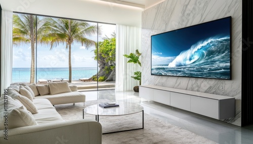 Modern living room with ocean view, large screen showing wave.