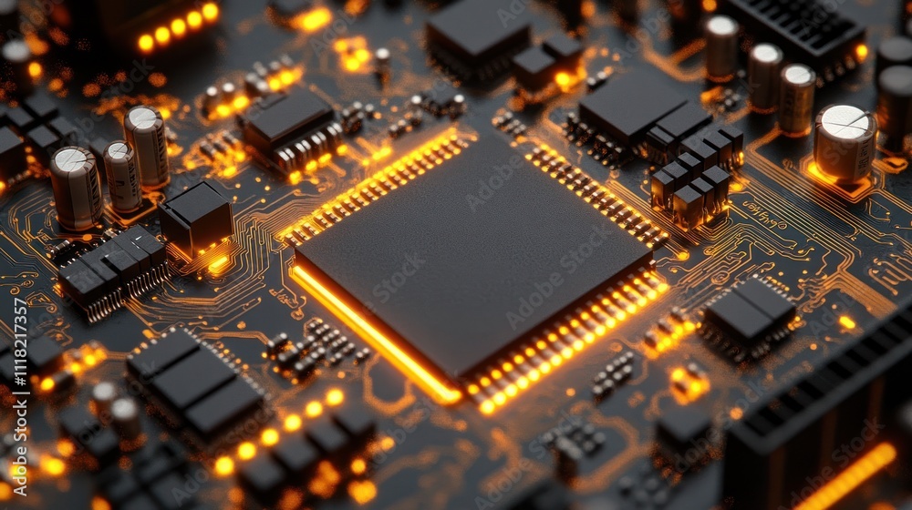 Close-up view of glowing circuit board with central processor chip. Close-up view of glowing circuit board with central processor chip.