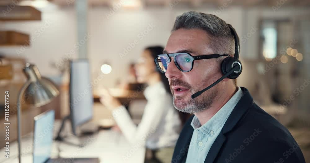 Call center, computer and consulting with business man in office for night, telemarketing or mortgage broker. Contact us, real estate advisor or communication with mature person pointing at help desk Call center, computer and consulting with business man in office for night, telemarketing or mortgage broker. Contact us, real estate advisor or communication with mature person pointing at help desk