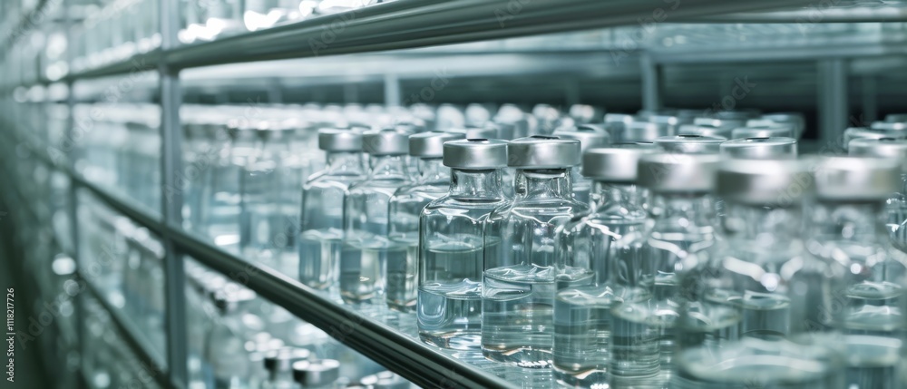Rows of identical glass vials reflect a laboratory's precision and scientific seriousness, underscoring themes of research, discovery, and meticulous care.
