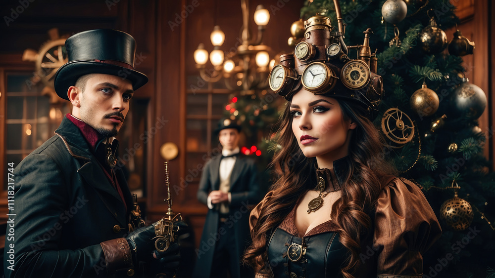 Steampunk New Year and Christmas. Victorian style decorations and dressed people.