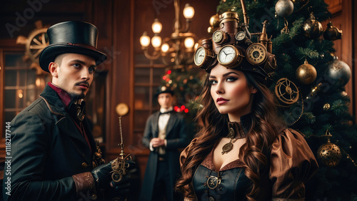 Obraz na płótnie Steampunk New Year and Christmas. Victorian style decorations and dressed people. w salonie