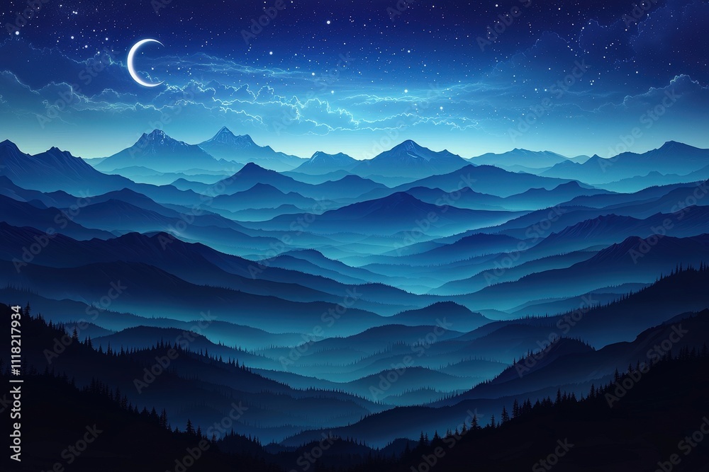 Dreamy nighttime mountain landscape with crescent moon and starry sky Dreamy nighttime mountain landscape with crescent moon and starry sky