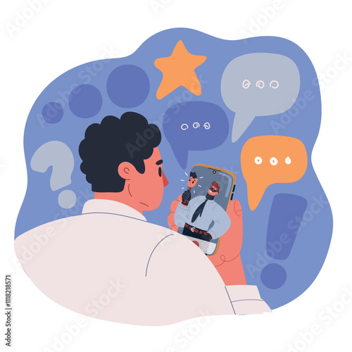 Vector illustration of the concept of a person looking at a smartphone, with a masked hacker inside, symbolizing the issue of online fraud