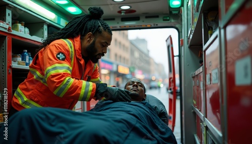 Emergency Medical Technician Assists Patient in Ambulance