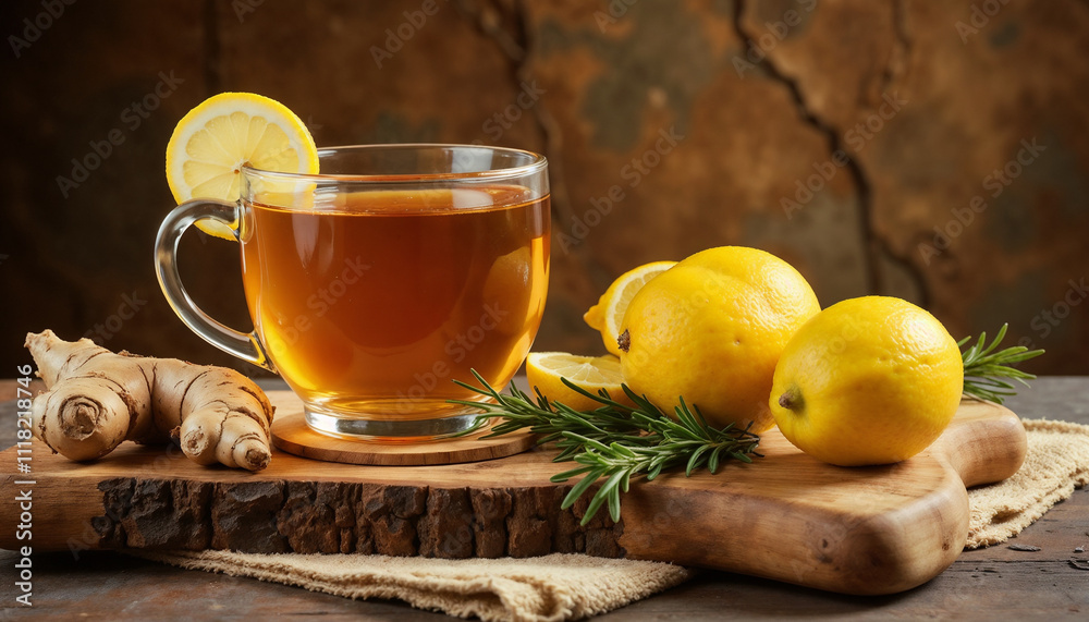 Cup of ginger lemon tea with fresh lemons and ginger root on wooden board Cup of ginger lemon tea with fresh lemons and ginger root on wooden board