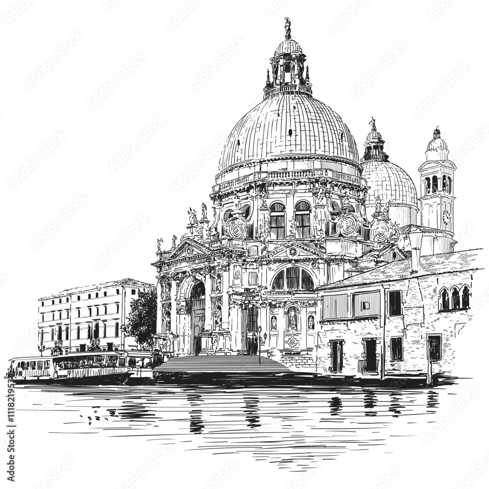 Panorama with the Cathedral of Saint Mary in Venice Sketch on a white background. Panorama with the Cathedral of Saint Mary in Venice Sketch on a white background.