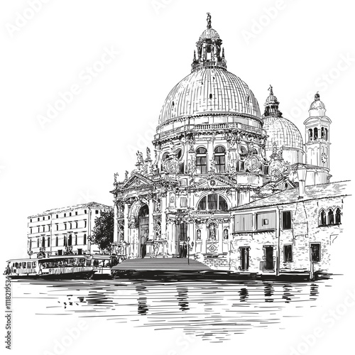 Panorama with the Cathedral of Saint Mary in Venice Sketch on a white background.