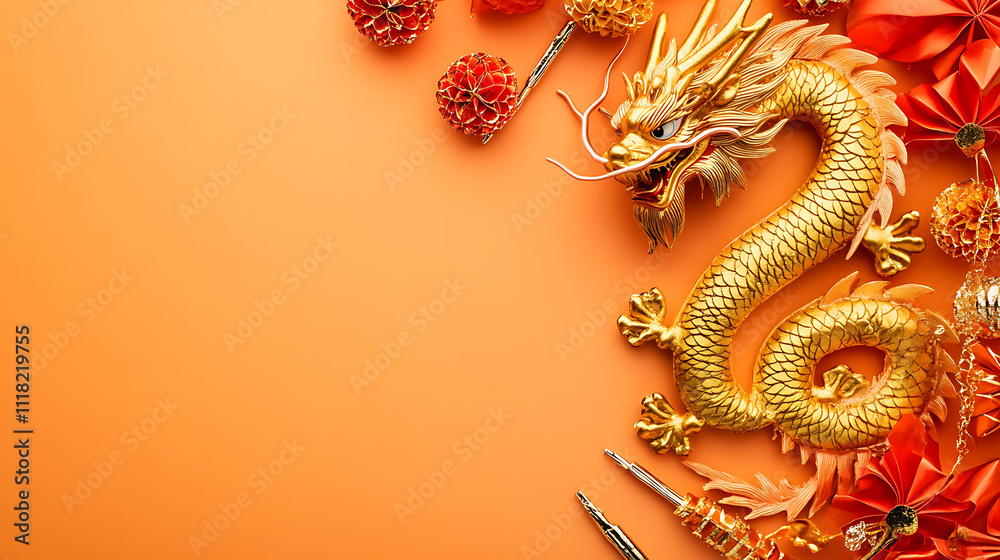 Traditional chinese flatlay with golden dragon and festive decorations celebratory theme vibrant color scheme artistic viewpoint Traditional chinese flatlay with golden dragon and festive decorations celebratory theme vibrant color scheme artistic viewpoint