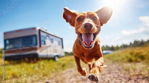 Traveling with dog in RV concept. Happy dog running outdoors near an RV in the sunlight photo