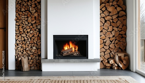 Cozy modern living room interior with fireplace and wood storage