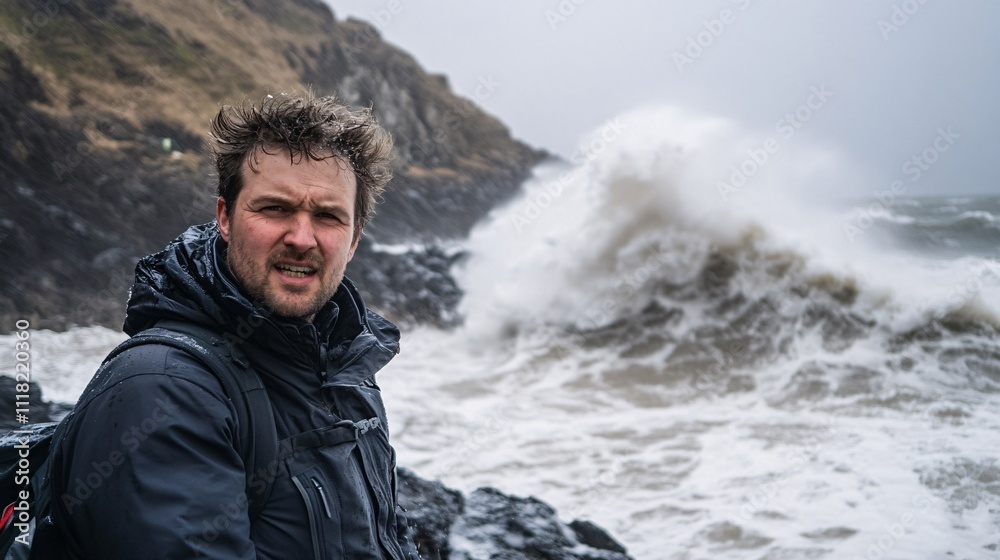 Dramatic Portrait of Man Facing Stormy Seas on Rocky Coastline Dramatic Portrait of Man Facing Stormy Seas on Rocky Coastline