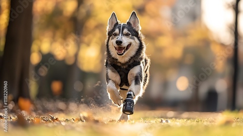 Energetic Three Legged Dog Dashing Through Autumn Park with Prosthetic Leg