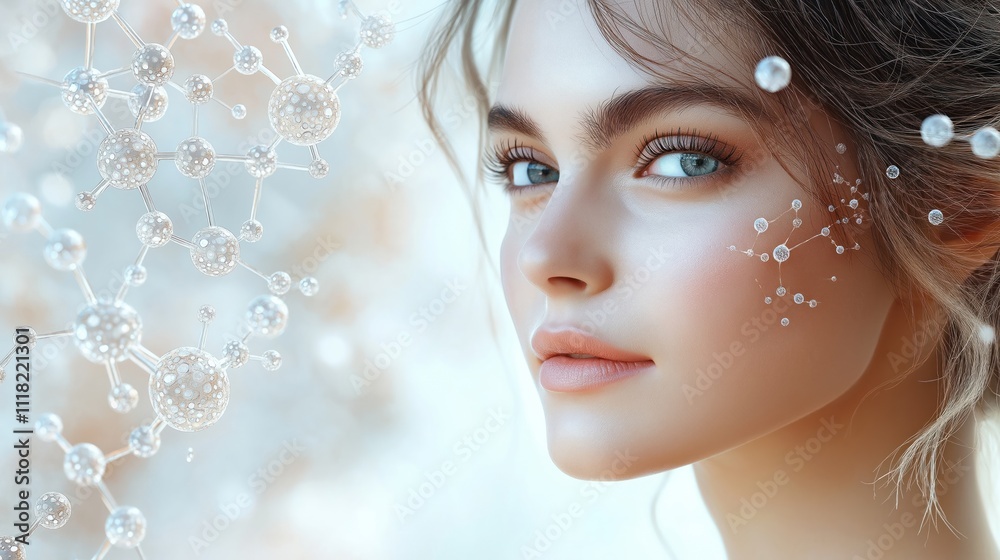 Beautiful woman portrait with light background. Molecular structure design on face. Elegant, healthy skin. Modern cosmetic advertising. Serum product concept. Innovative tech for skin care. Natural Beautiful woman portrait with light background. Molecular structure design on face. Elegant, healthy skin. Modern cosmetic advertising. Serum product concept. Innovative tech for skin care. Natural