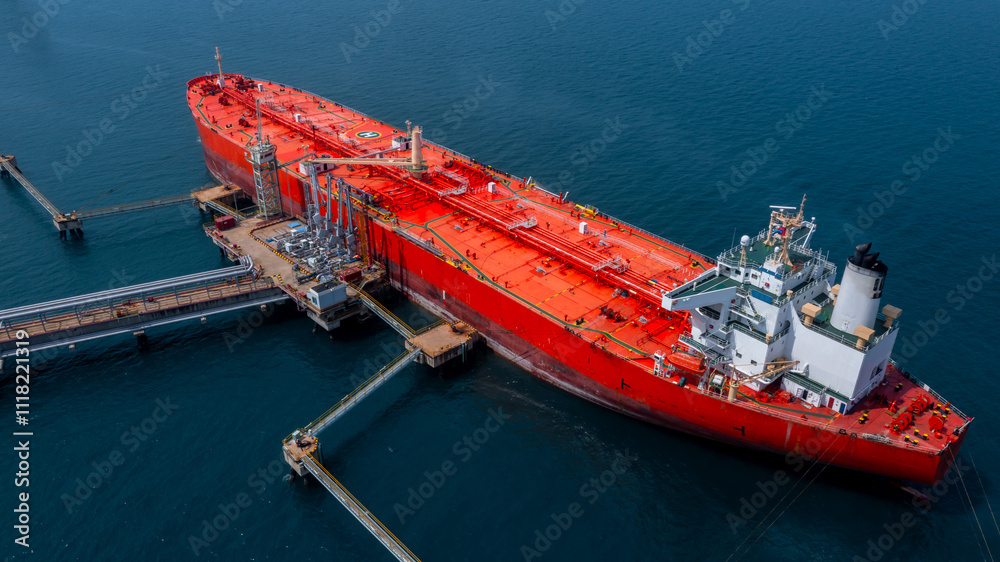 Aerial view oil tanker ship oil depot terminal storage petroleum petrochemical refinery product, Global Business energy tanker ship logistic transportation oil industry crude oil fuel by tanker ship.