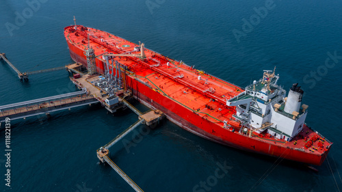 Obraz na płótnie Aerial view oil tanker ship oil depot terminal storage petroleum petrochemical refinery product, Global Business energy tanker ship logistic transportation oil industry crude oil fuel by tanker ship. w salonie