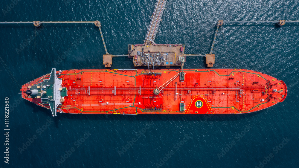 Aerial view oil tanker ship oil depot terminal storage petroleum petrochemical refinery product, Global Business energy tanker ship logistic transportation oil industry crude oil fuel by tanker ship.