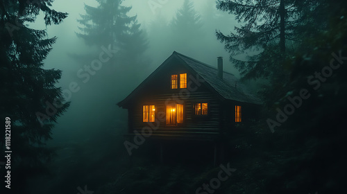 A rustic wooden cabin nestled deep within a dense forest, illuminated by warm yellow lights and surrounded by fog