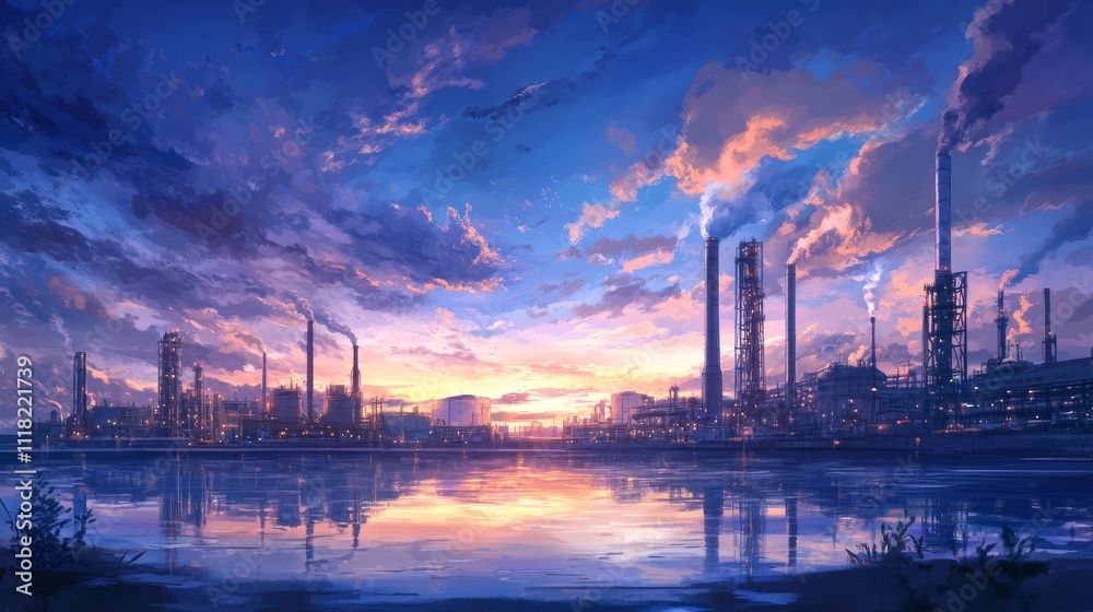 Sunset Industrial Landscape Digital Painting, Calm Waters, Factory Reflections, Atmospheric Perspective Industrial art, digital painting Sunset Industrial Landscape Digital Painting, Calm Waters, Factory Reflections, Atmospheric Perspective Industrial art, digital painting