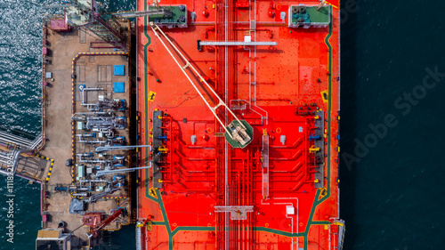 Aerial view oil tanker ship oil depot terminal storage petroleum petrochemical refinery product, Global Business energy tanker ship logistic transportation oil industry crude oil fuel by tanker ship. photo