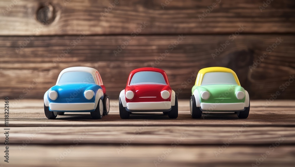 Fototapeta premium Close-Up of Three Cute Cartoon Toy Cars in Red, Green, and Blue on a Wooden Table Background