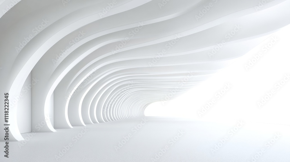 Fototapeta premium Abstract white curved architectural corridor leading to bright light.
