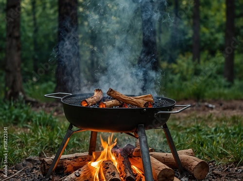 Fire and smoke above the barbecue or barbeque in forest photo