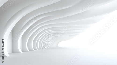 Abstract white curved architectural corridor leading to bright light.