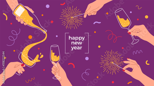 New Year celebration design with hands holding glasses of champagne and sparklers. Abstract colorful concept background. Hand drawn vector illustration for print, poster, banner, greeting card