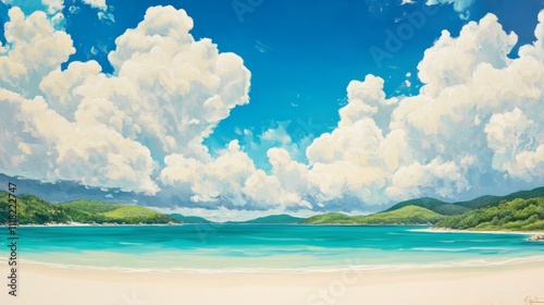 Impasto Tropical Beach Landscape White Clouds, Turquoise Water, Digital Painting, Summer Scenery, Seascape Beach Art, Digital Painting