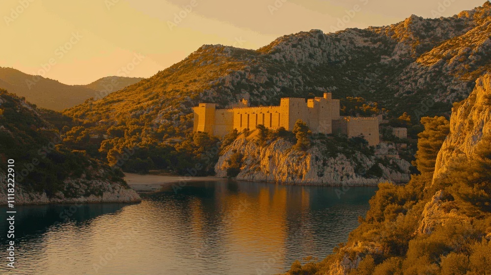 Golden Hour Castle Aerial View, Coastal Fortress, Sunset Landscape, Croatia Croatia, Aerial Photography Golden Hour Castle Aerial View, Coastal Fortress, Sunset Landscape, Croatia Croatia, Aerial Photography