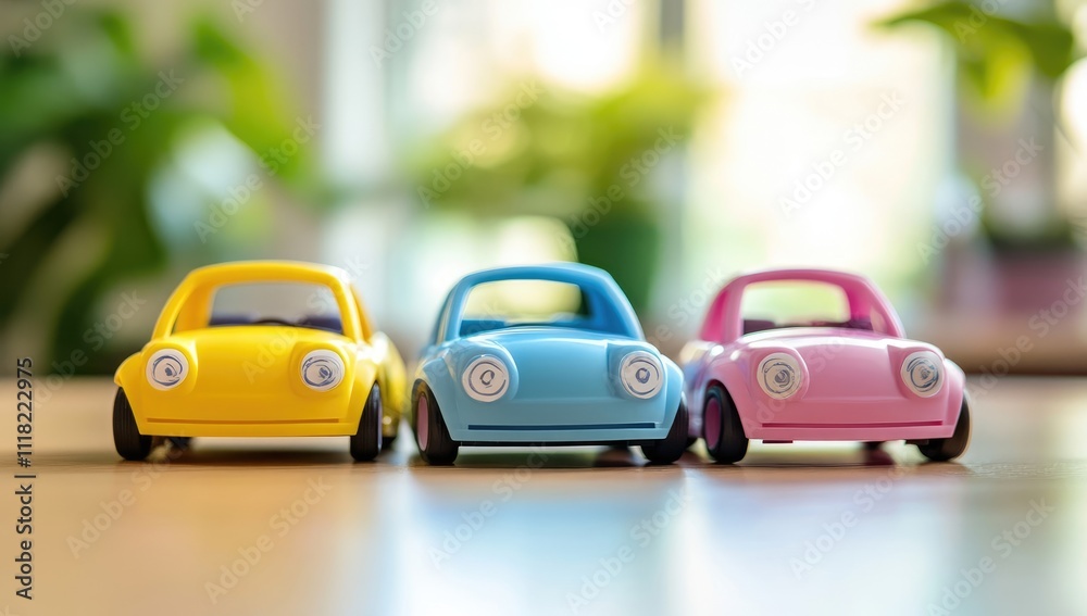 Fototapeta premium Close-Up of Three Cute Cartoon Toy Cars in Red, Green, and Blue on a Wooden Table Background