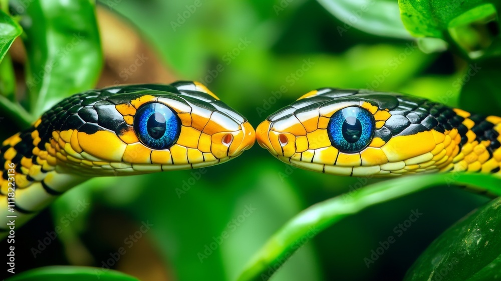 In the jungle, black and yellow snakes are facing off. In the jungle, black and yellow snakes are facing off.