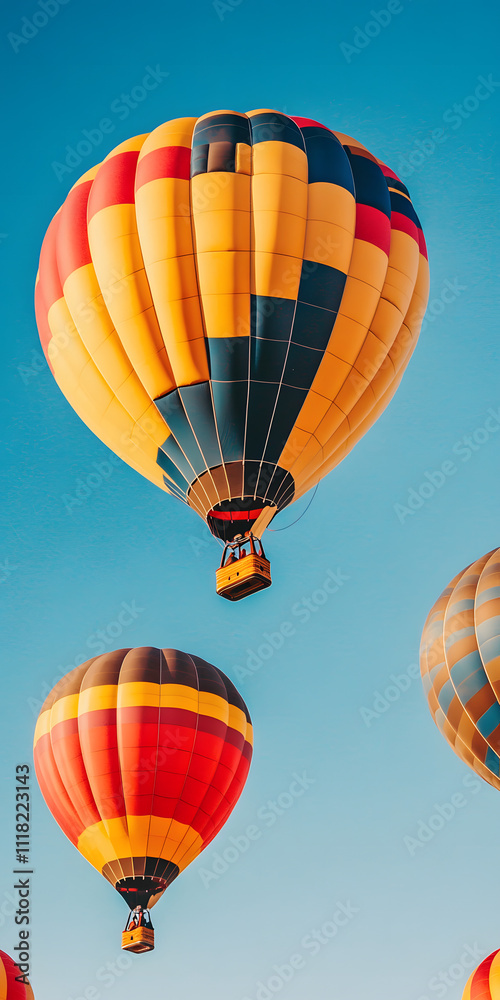 Naklejka premium Balões de ar quente coloridos em um céu azul claro
