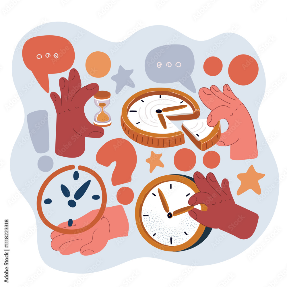 Vector illustration of the concept of hands with different timepieces, including watches with dials, hourglasses, and pieces of time Vector illustration of the concept of hands with different timepieces, including watches with dials, hourglasses, and pieces of time