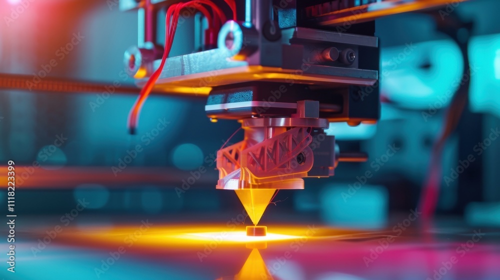 Automated industrial 3d printer creating three dimensional object with innovative technology by adding material layer by layer under blue and orange lights in dark production room Automated industrial 3d printer creating three dimensional object with innovative technology by adding material layer by layer under blue and orange lights in dark production room