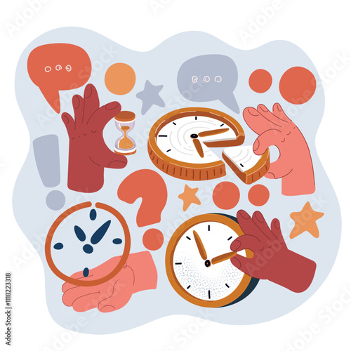 Vector illustration of the concept of hands with different timepieces, including watches with dials, hourglasses, and pieces of time