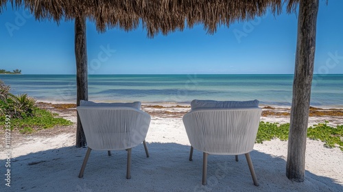 Beachfront Relaxation Two Chairs Under Thatch, Ocean View, Calm Waters, Tropical Getaway Beach, Vacation