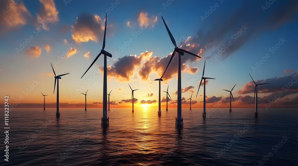 Obraz premium Wind turbines standing tall against a vibrant sunset over calm ocean waters