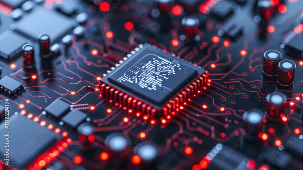 Global Network Microchip: Close-up of a powerful microchip with a world map etched onto its surface, embedded within a complex circuit board.