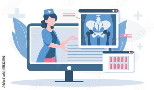 Orthopedics doctor online. Woman in medical uniform near pills and pelvis xray. Healthcare and medicine. Hospital occupation. Flat vector illustration