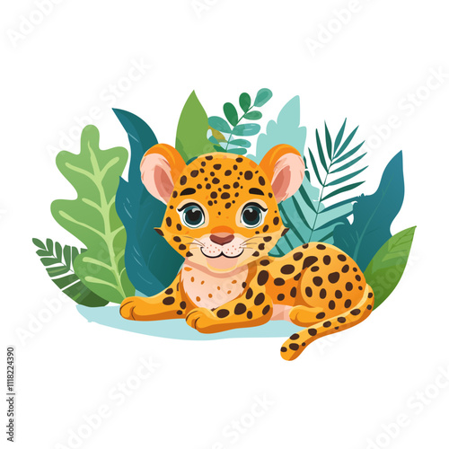 Cute leopard lies in the jungle in cartoon style children's vector illustration. Image for prints and design