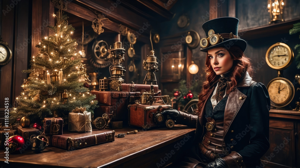 Steampunk New Year and Christmas. Victorian style decorations and dressed people.